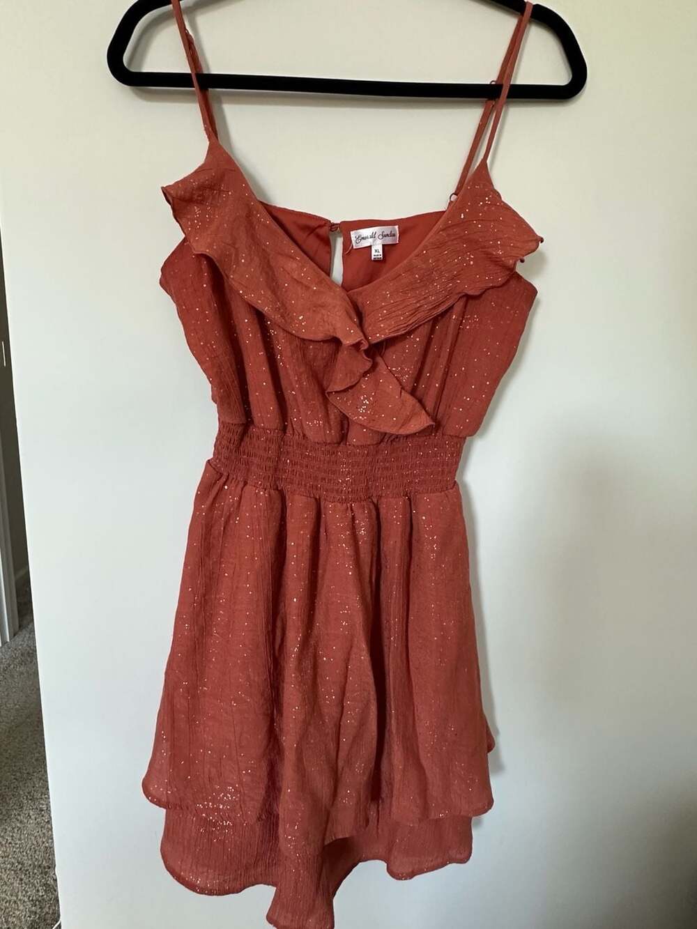Emerald Sundae Rust Glitter Ruffle Smocked Waist Romper Size XL